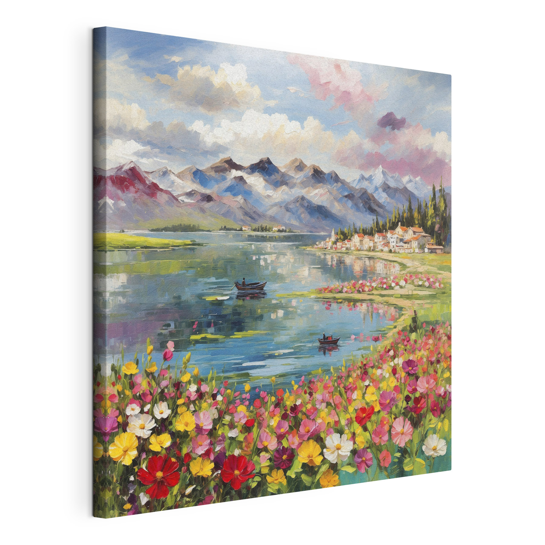 Painting of a lake with flowers and mountains in the background