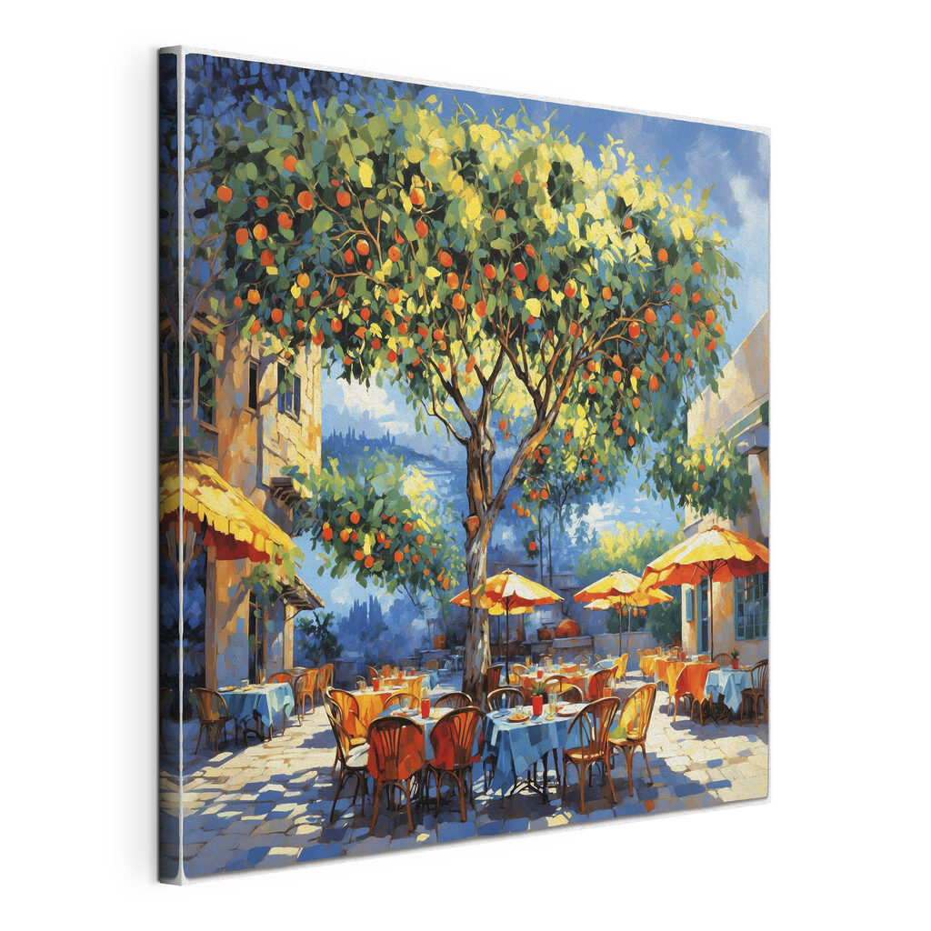 Painting of an orange tree with tables and chairs under an orange tree