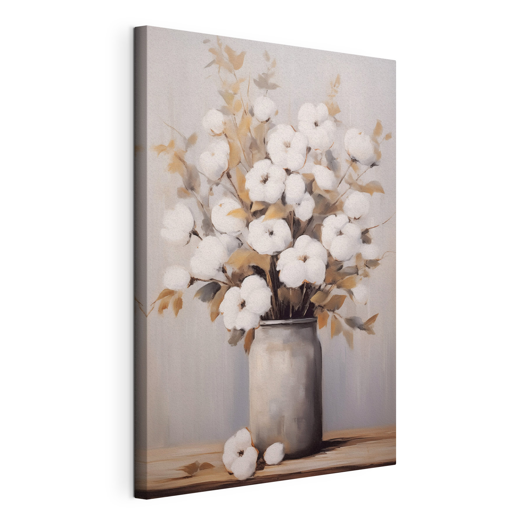 Painting of cotton flowers in a vase
