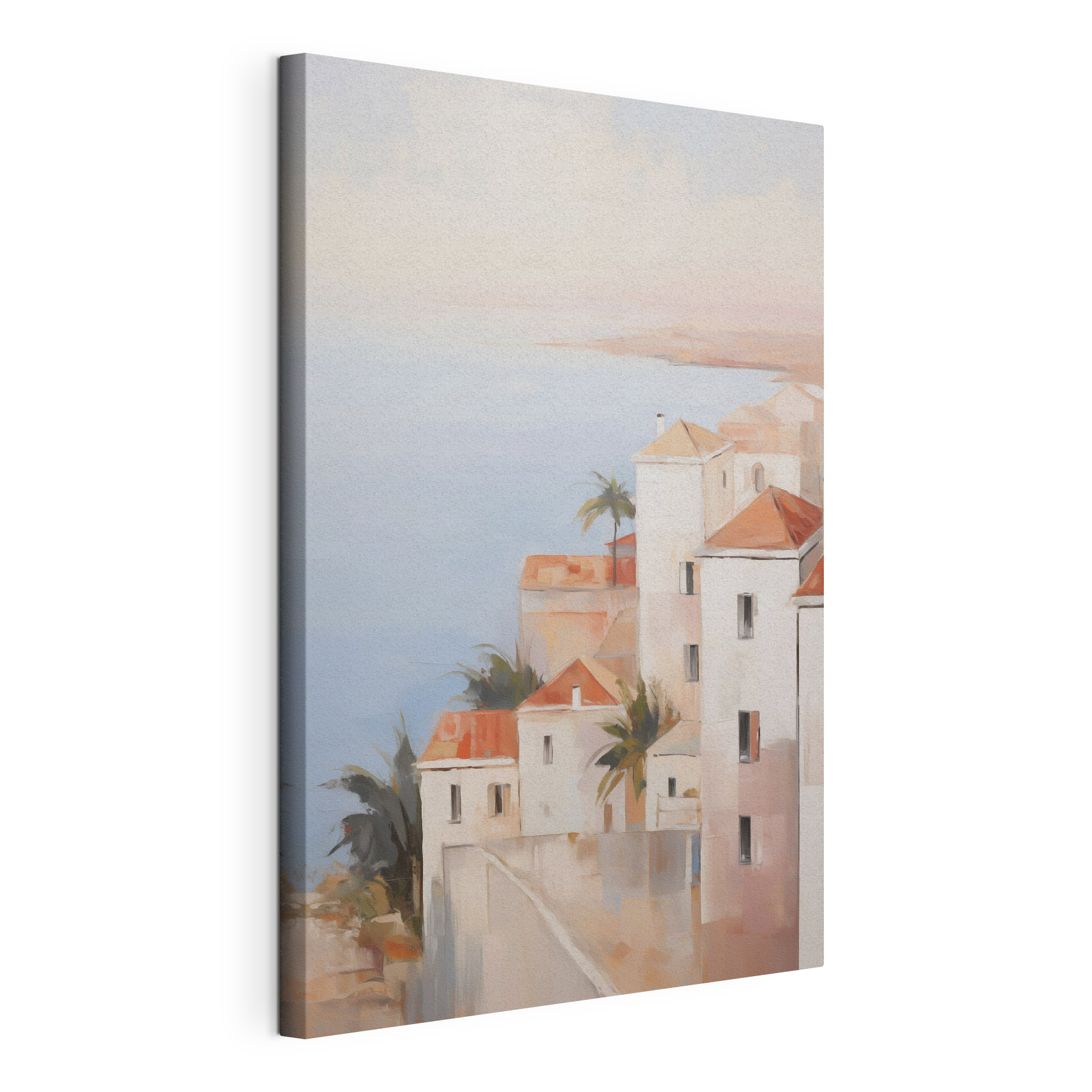 Painting of a group of buildings with palm trees
