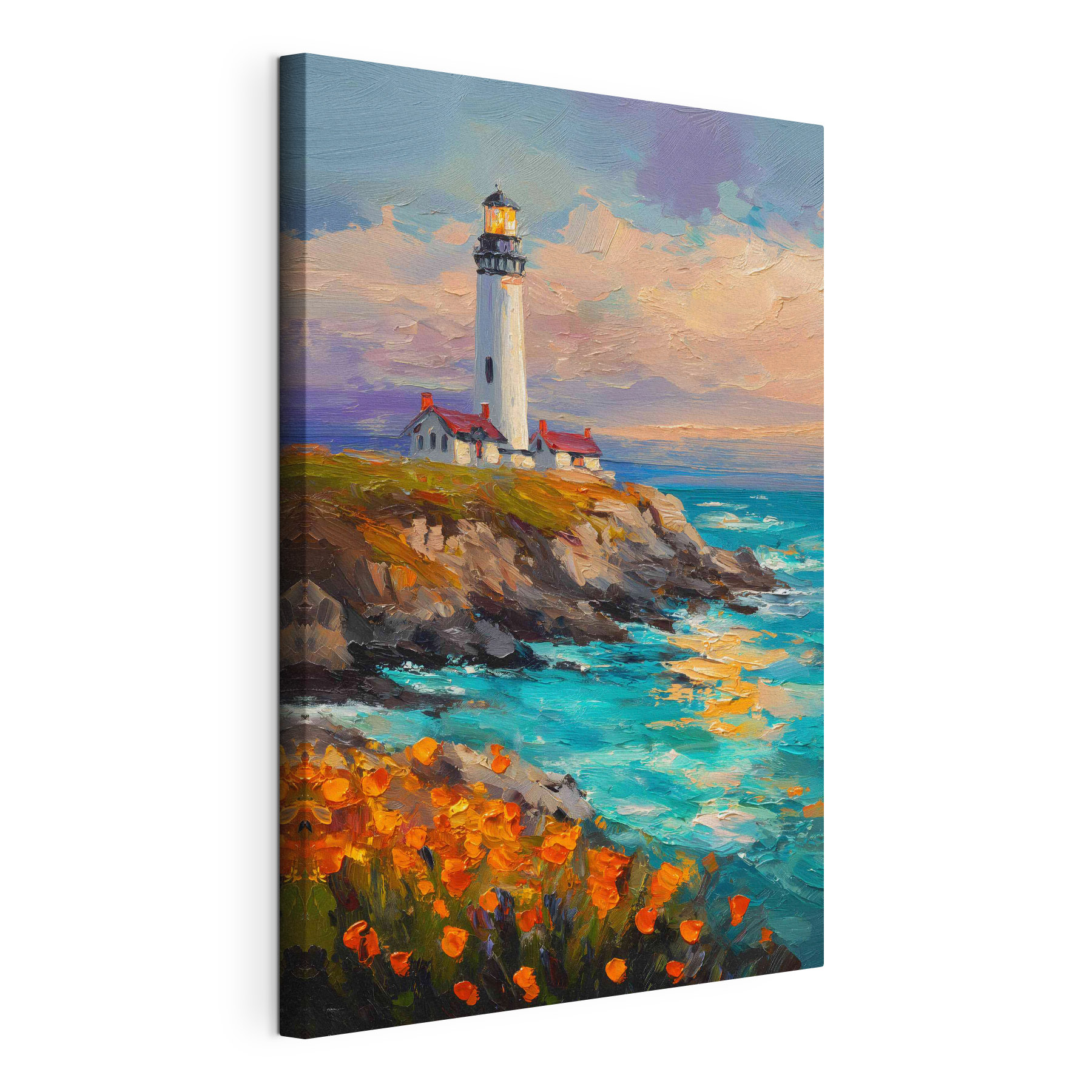 Painting of a lighthouse on a cliff by the ocean Painting of a lighthouse on a cliff by the ocean