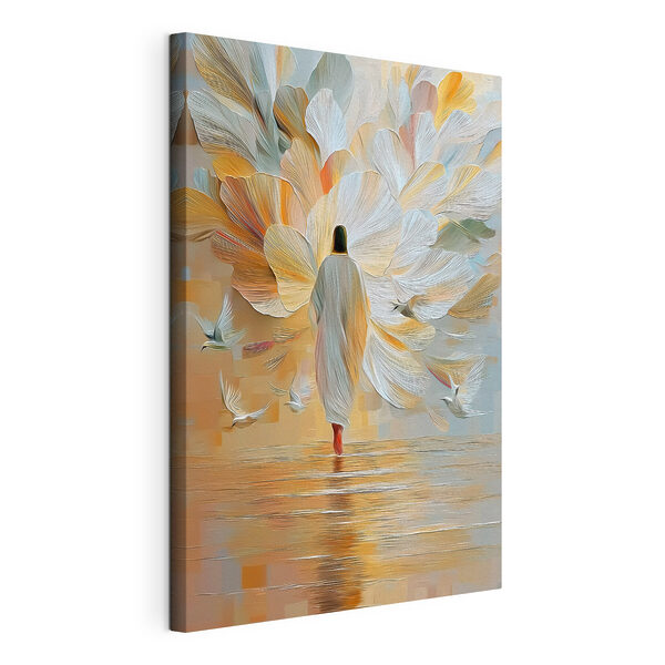 Wandbilder Eine Person, die im Wasser spazieren geht, während Vögel um sie herumfliegen (Artikelnummer: s49084) Wandbilder Wandbilder Eine Person, die im Wasser spazieren geht, während Vögel um sie herumfliegen (Artikelnummer: s49084)