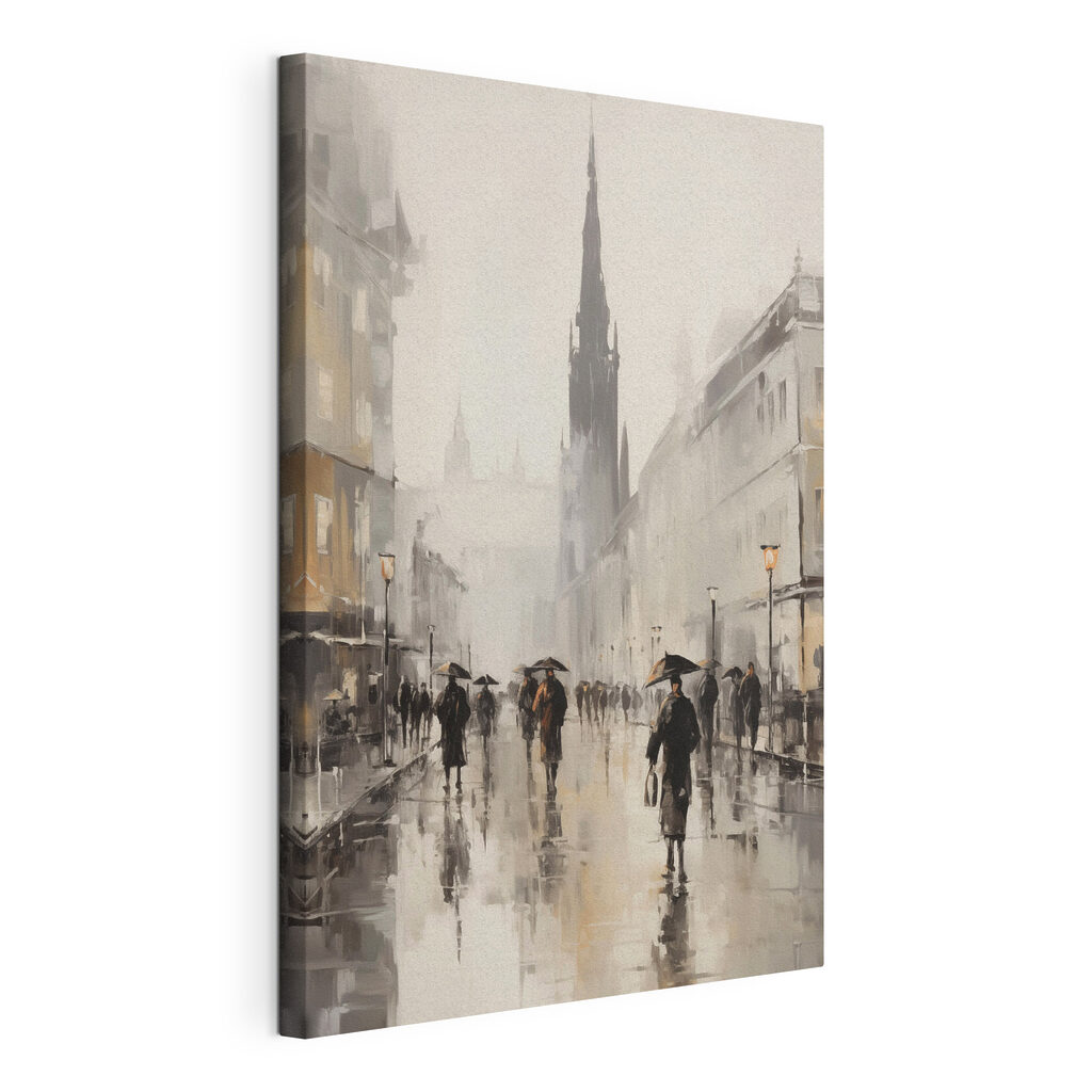 Painting of people walking on a street with umbrellas