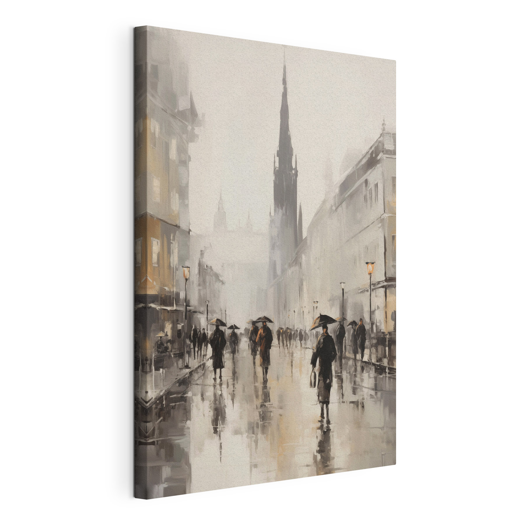 Painting of people walking on a street with umbrellas