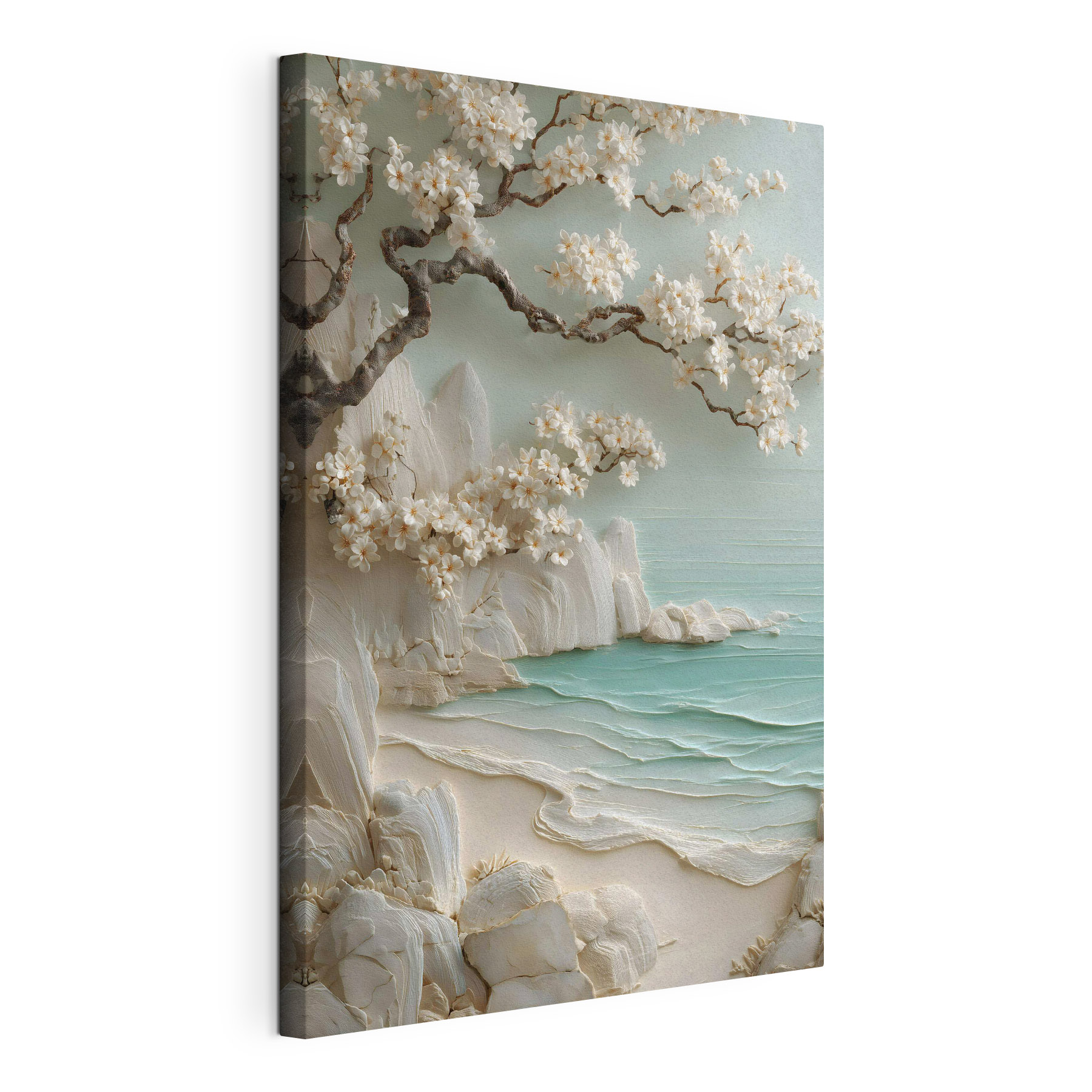 Painting of a beach with white flowers and a tree Painting of a beach with white flowers and a tree