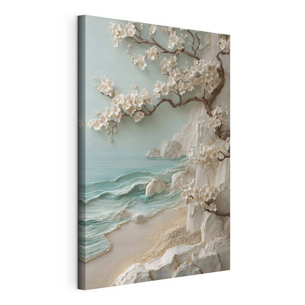 Wandbilder Baum mit weißen Blüten am Strand