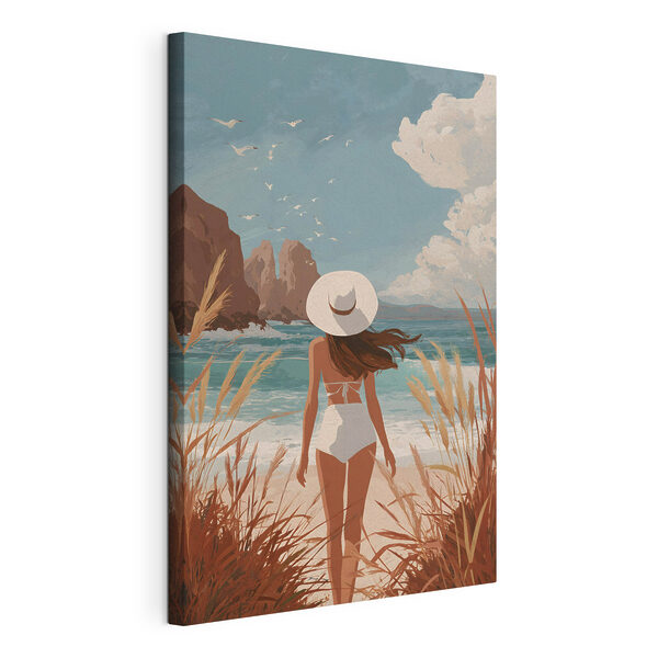 Wandbilder Wandbilder Frau in Badeanzug und mit Hut, die am Strand spazieren geht (Artikelnummer: s49253)