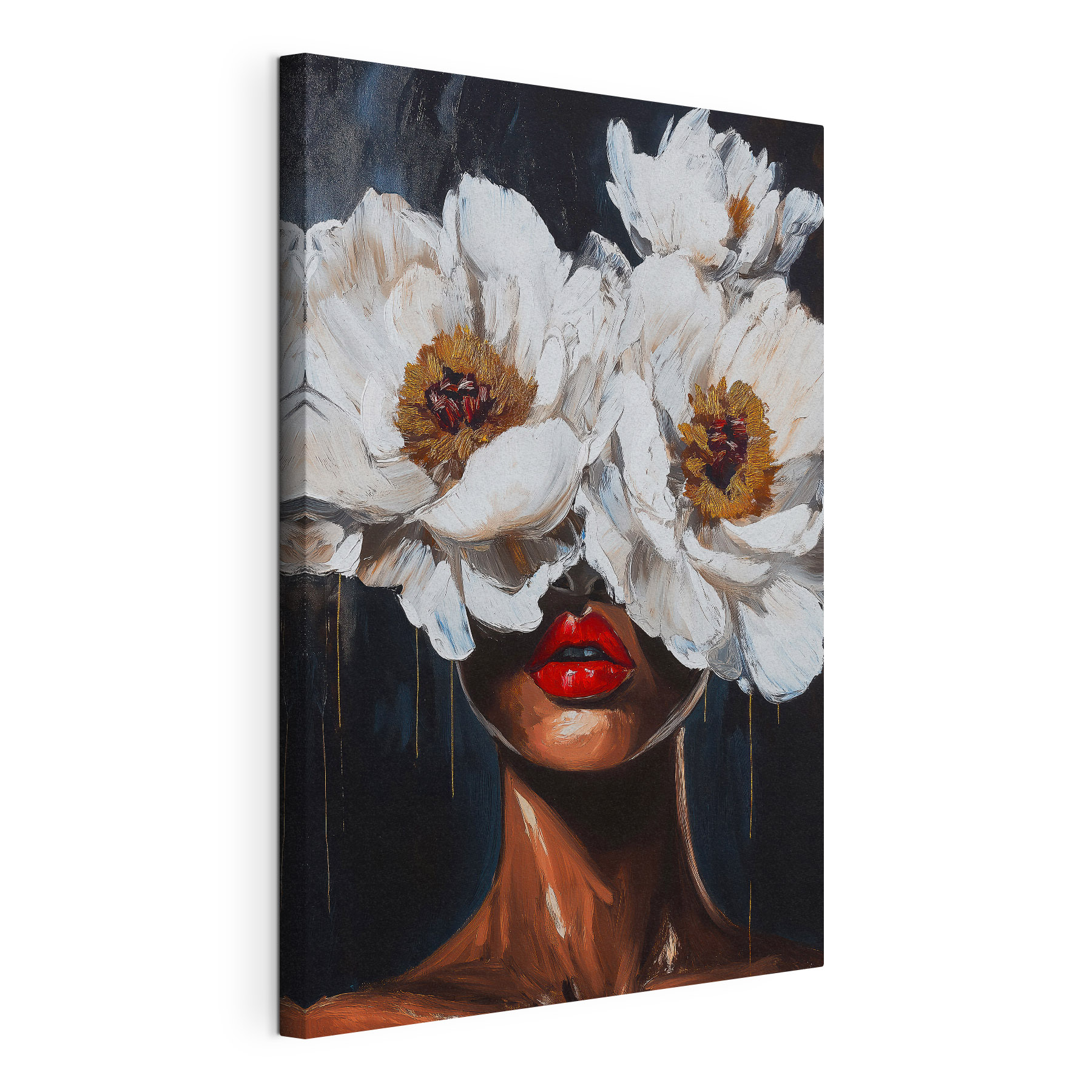 Painting of a woman with flowers over her face