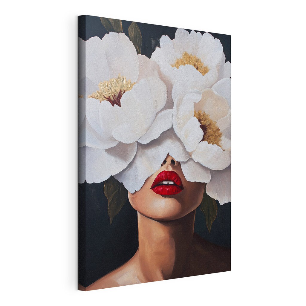 Painting of a woman with flowers over her face