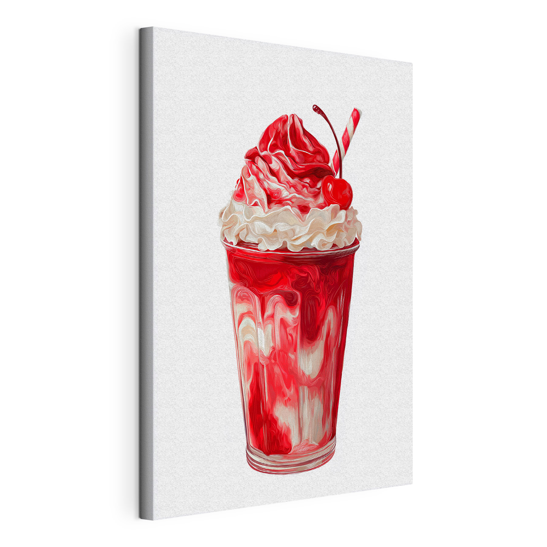 Red and white milkshake with a straw