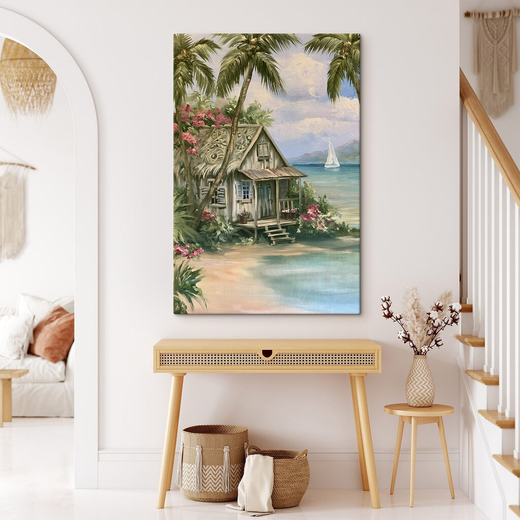 Painting of a house on a beach Painting of a house on a beach