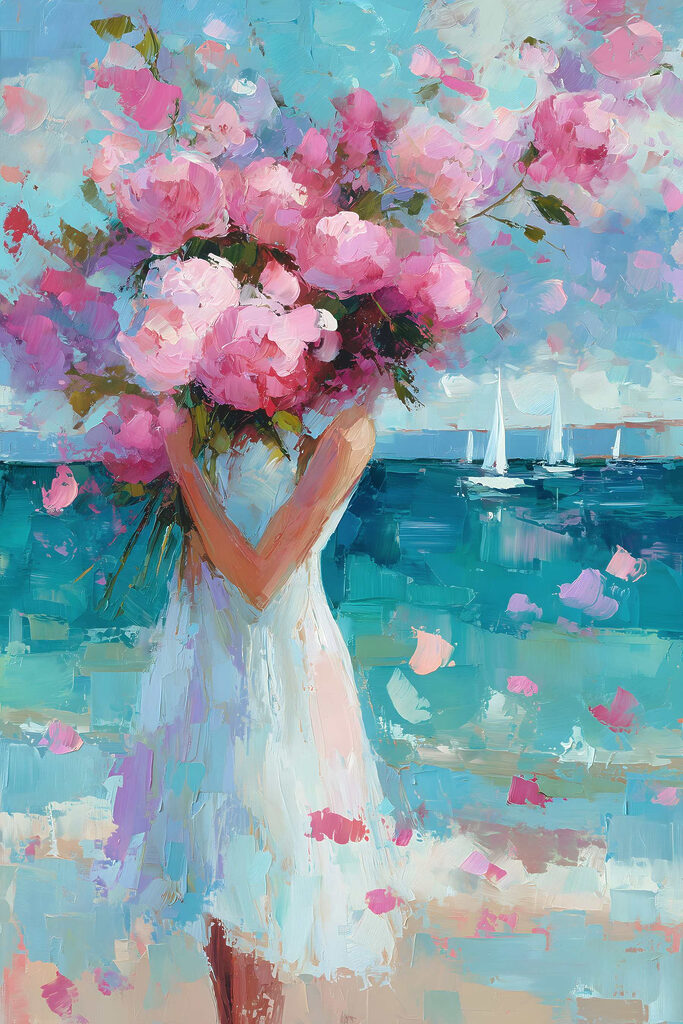 Painting of a woman holding a bouquet of flowers
