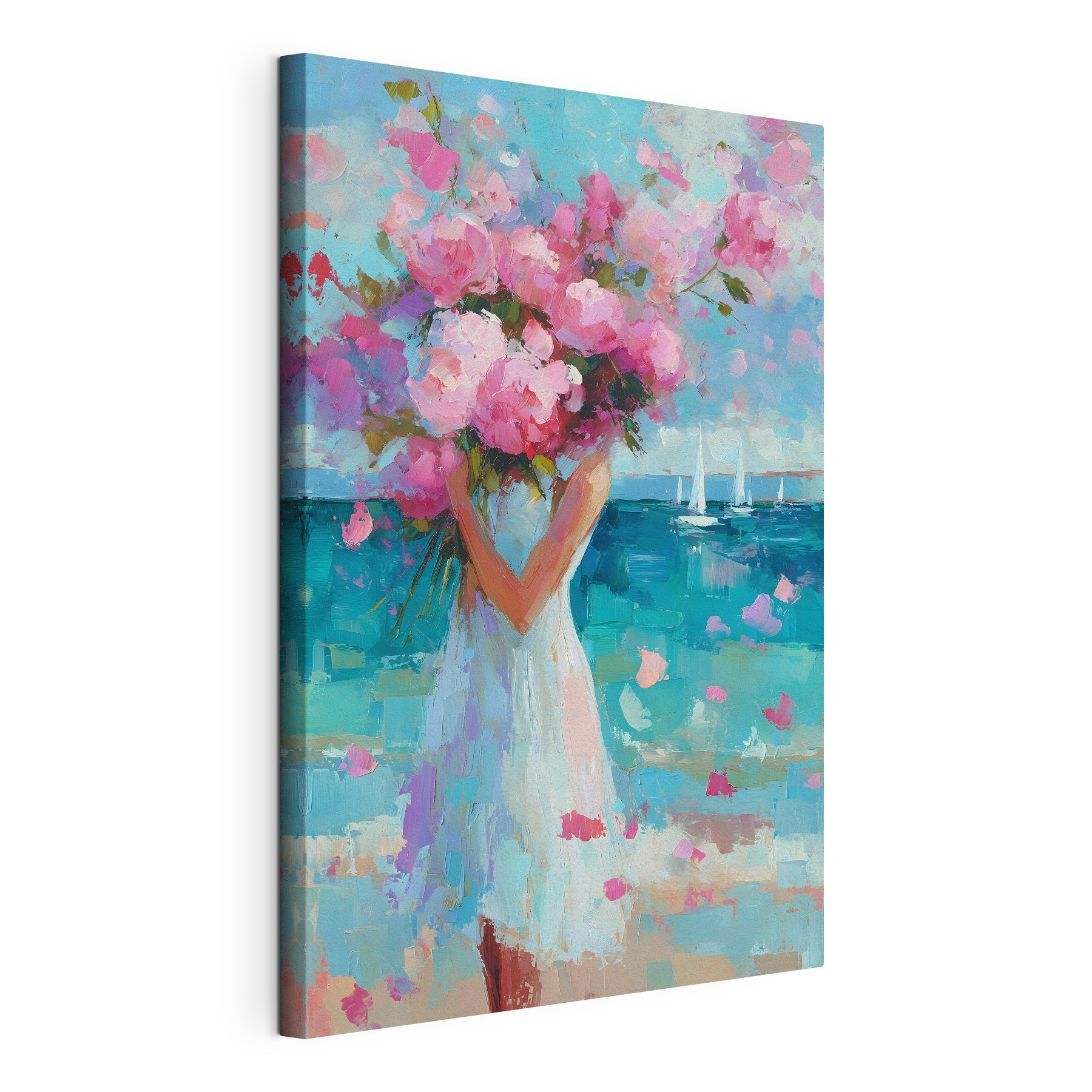 Painting of a woman holding a bouquet of flowers
