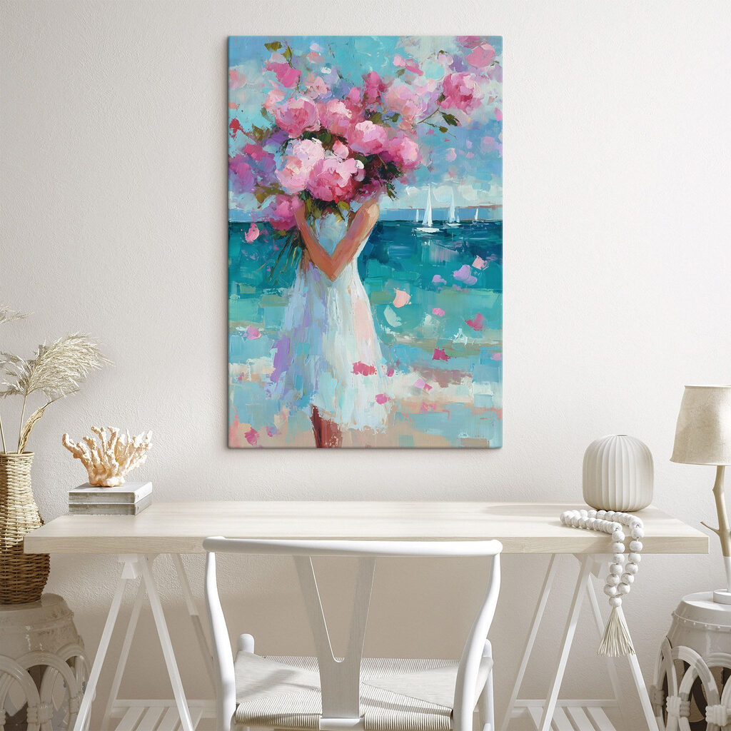 Painting of a woman holding a bouquet of flowers