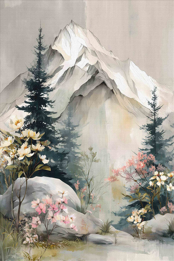 Painting of a mountain with trees and flowers Painting of a mountain with trees and flowers