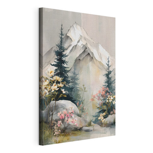 Painting of a mountain with trees and flowers Painting of a mountain with trees and flowers
