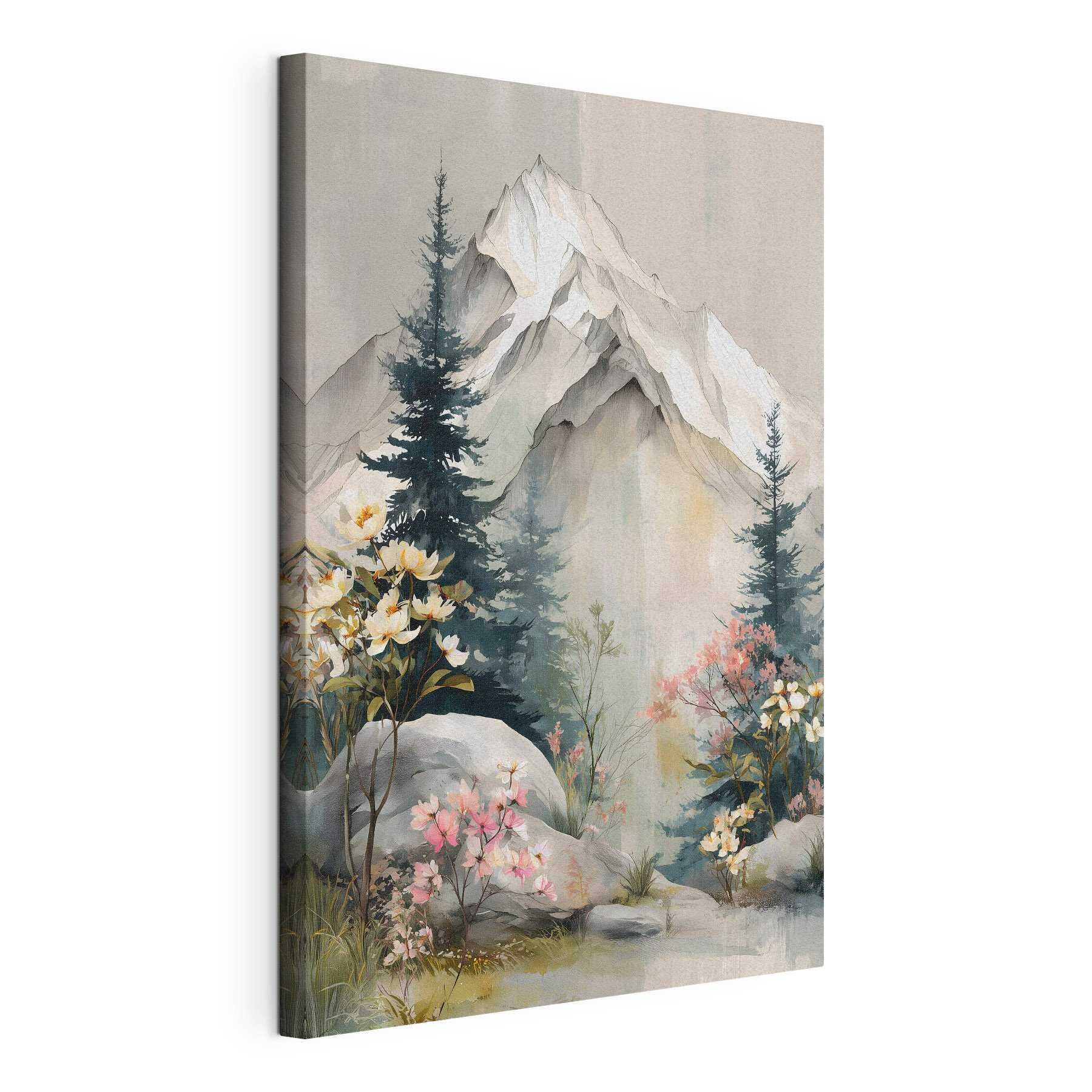 Painting of a mountain with trees and flowers Painting of a mountain with trees and flowers