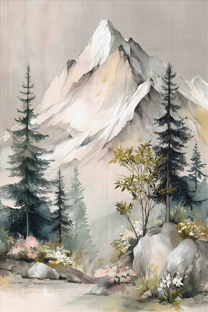 Painting of a mountain with trees and flowers