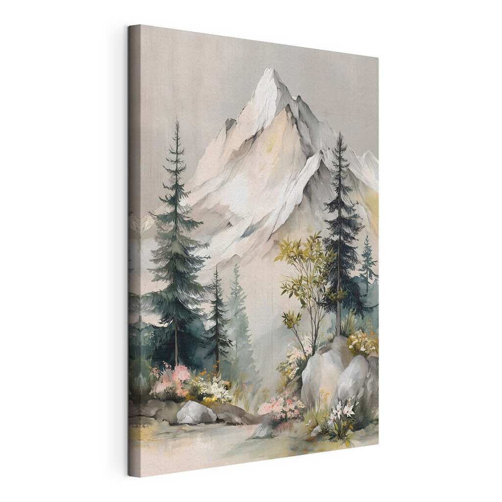 Painting of a mountain with trees and flowers