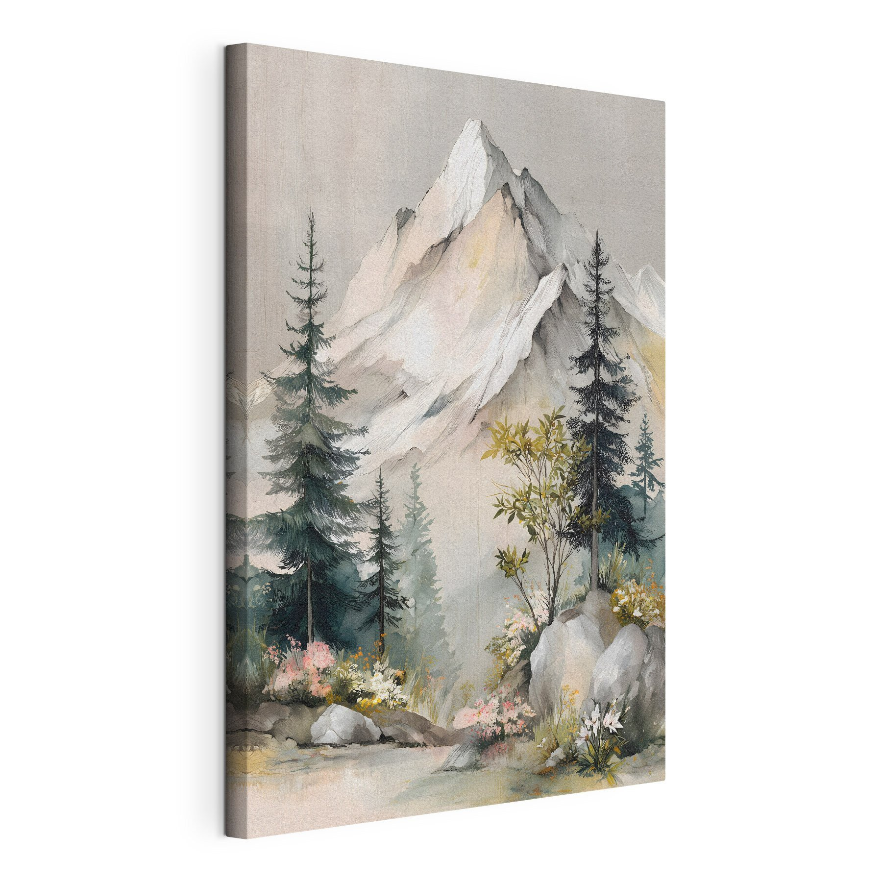 Painting of a mountain with trees and flowers