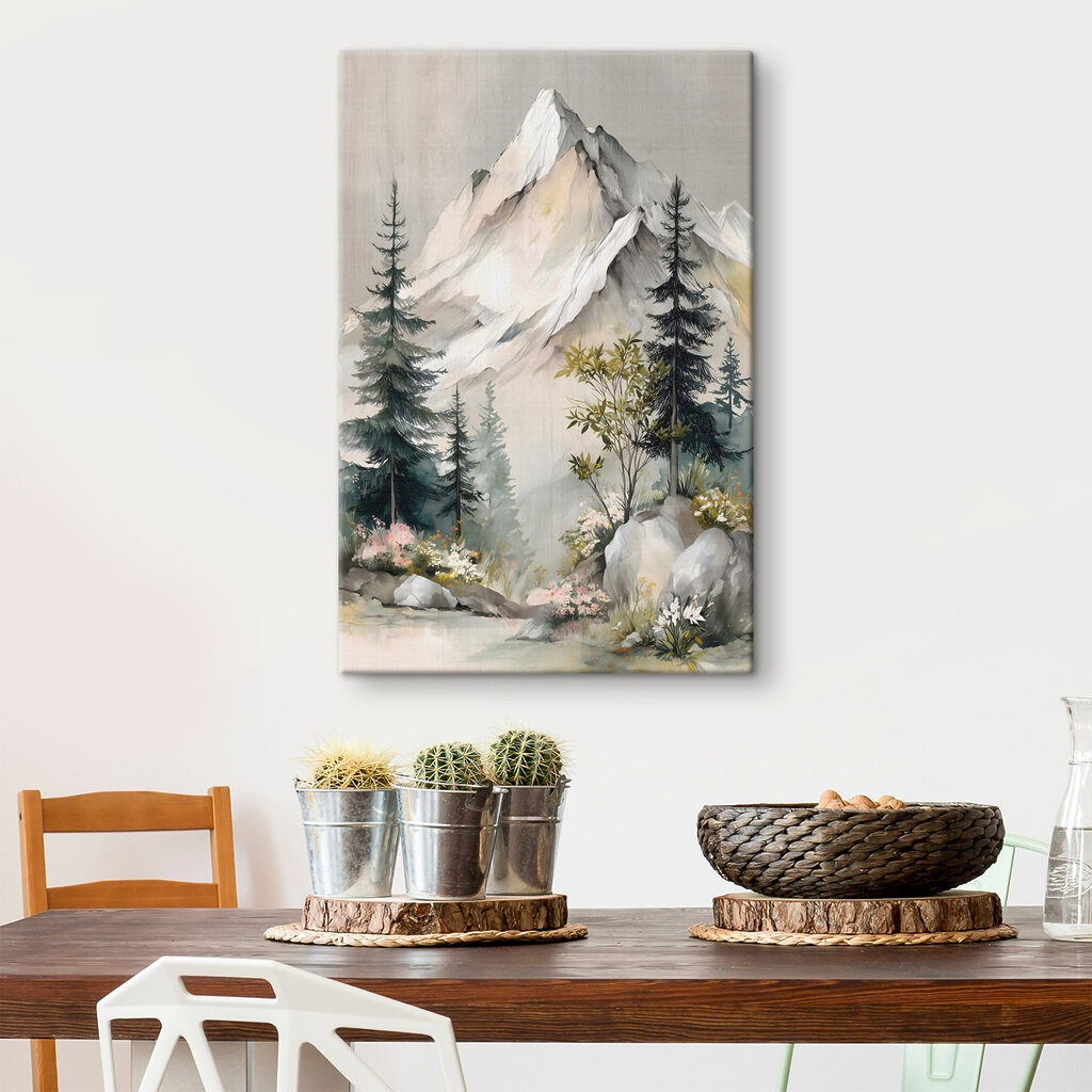 Painting of a mountain with trees and flowers