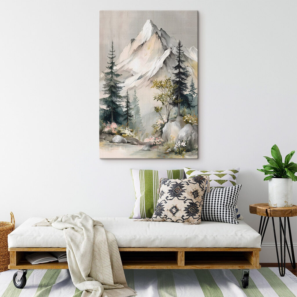 Painting of a mountain with trees and flowers