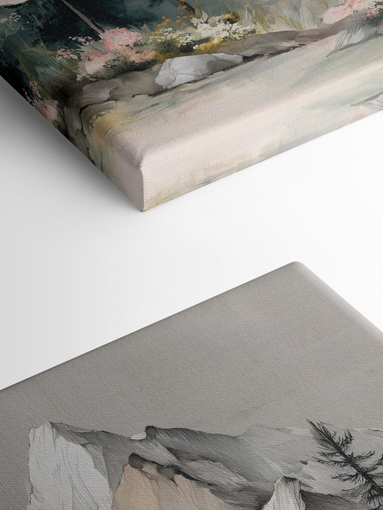 Painting of a mountain with trees and flowers