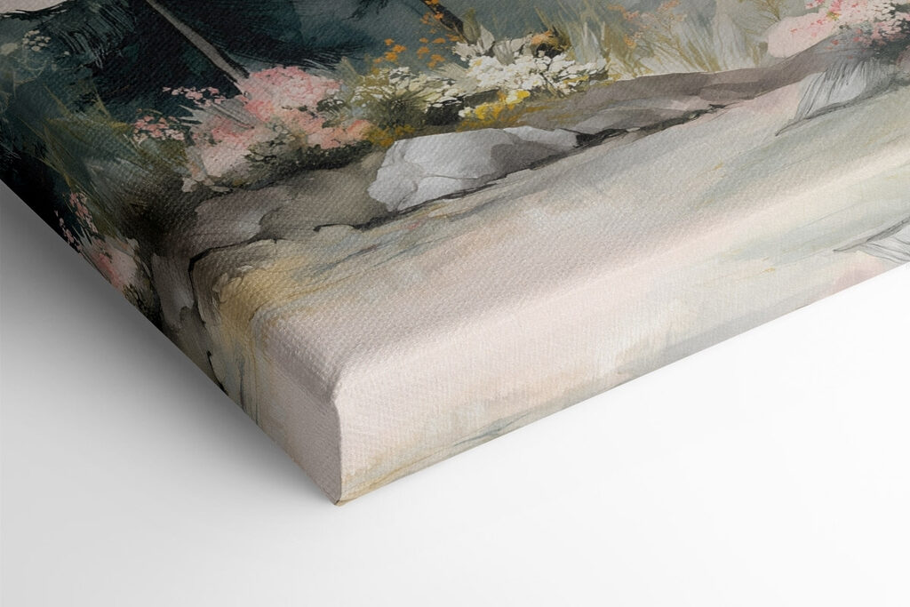 Painting of a mountain with trees and flowers