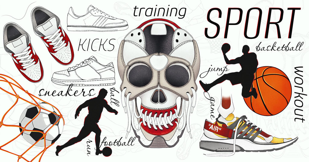 Skull with a ball and shoes