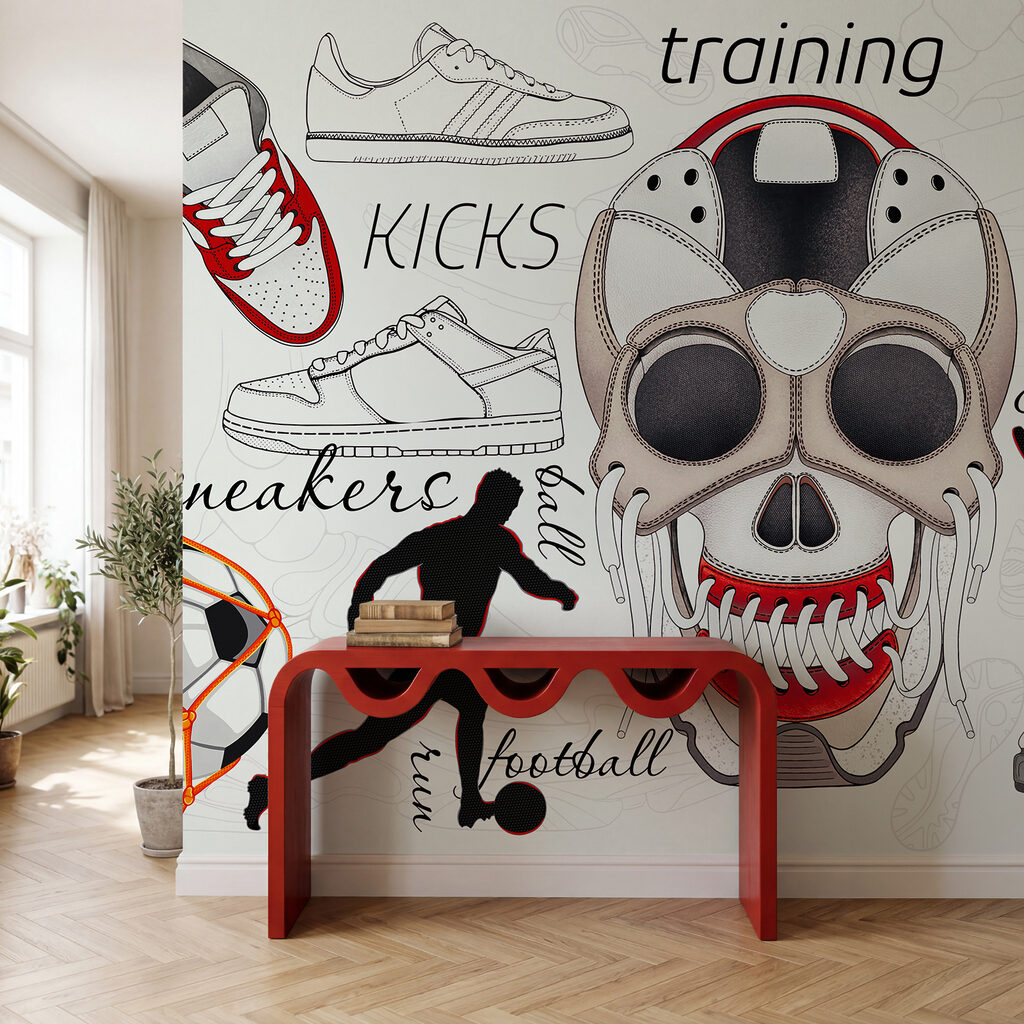 Totenkopf mit einem Ball und Schuhen