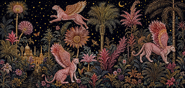 Painting of a cat and leopard with wings and flowers