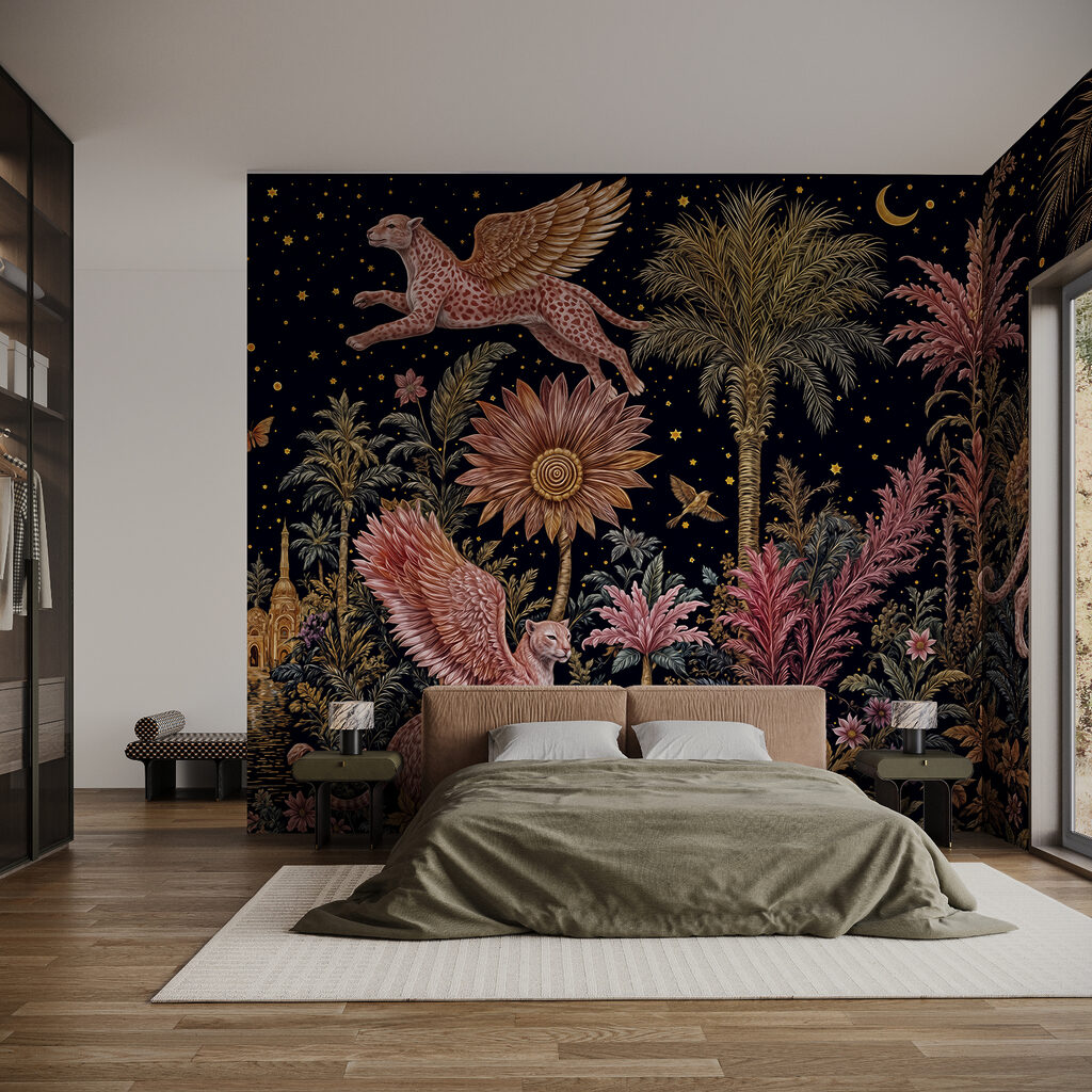 Gemälde einer Katze und eines Leoparden mit Flügeln und Blumen