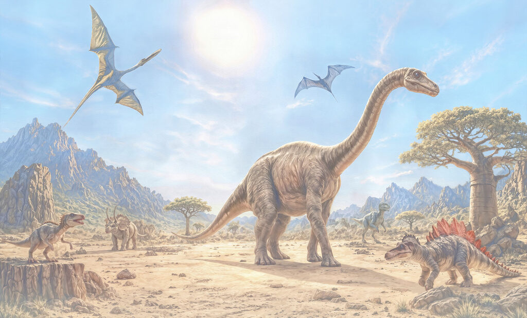 Group of dinosaurs in a desert Group of dinosaurs in a desert