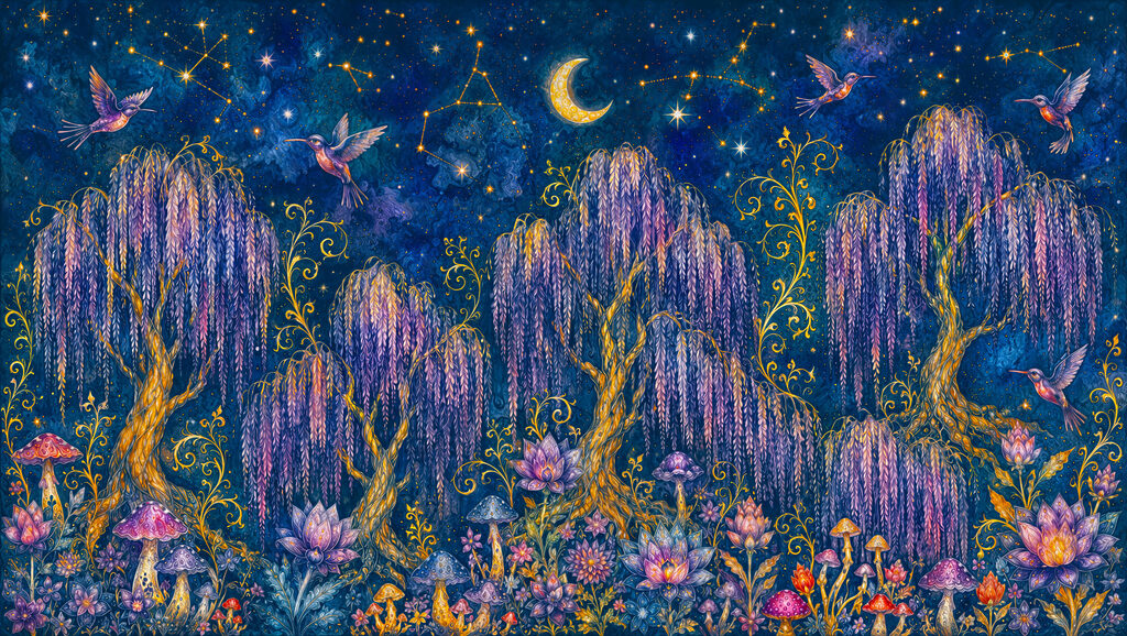 Painting of a forest with birds and flowers
