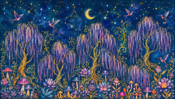 Painting of a forest with birds and flowers
