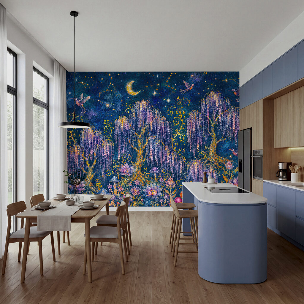Gemälde eines Waldes mit Vögeln und Blumen