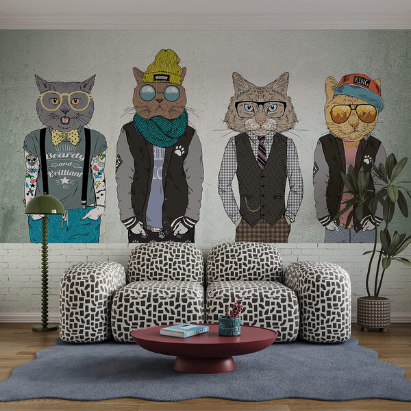 Eine Gruppe von Katzen, die Kleidung tragen Eine Gruppe von Katzen, die Kleidung tragen