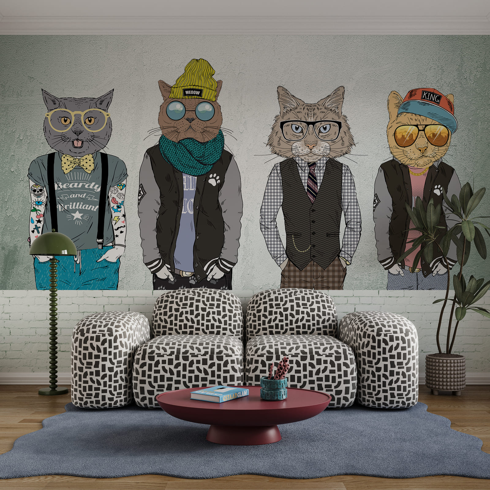 Eine Gruppe von Katzen, die Kleidung tragen Eine Gruppe von Katzen, die Kleidung tragen