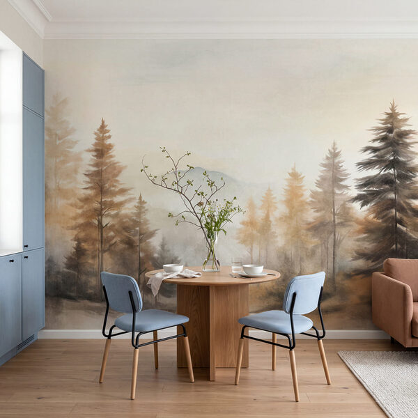 Gemälde von Bäumen in einem nebligen Wald Gemälde von Bäumen in einem nebligen Wald