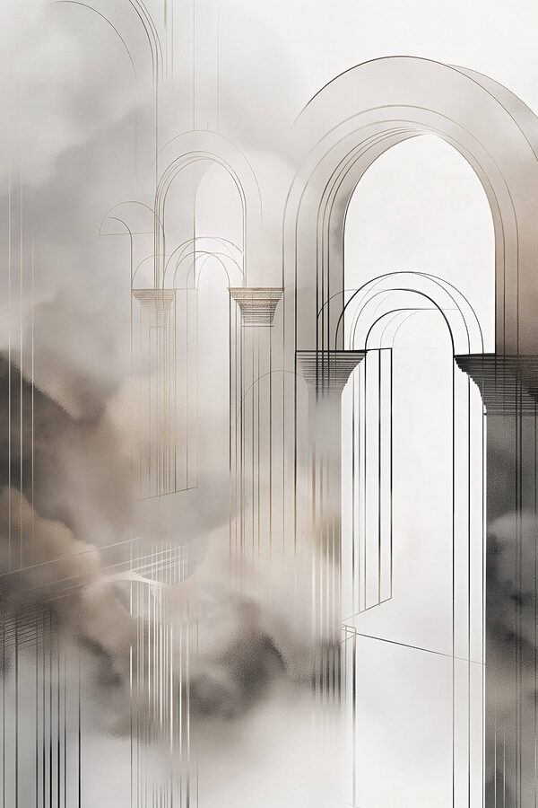 Drawing of a building with arches and clouds