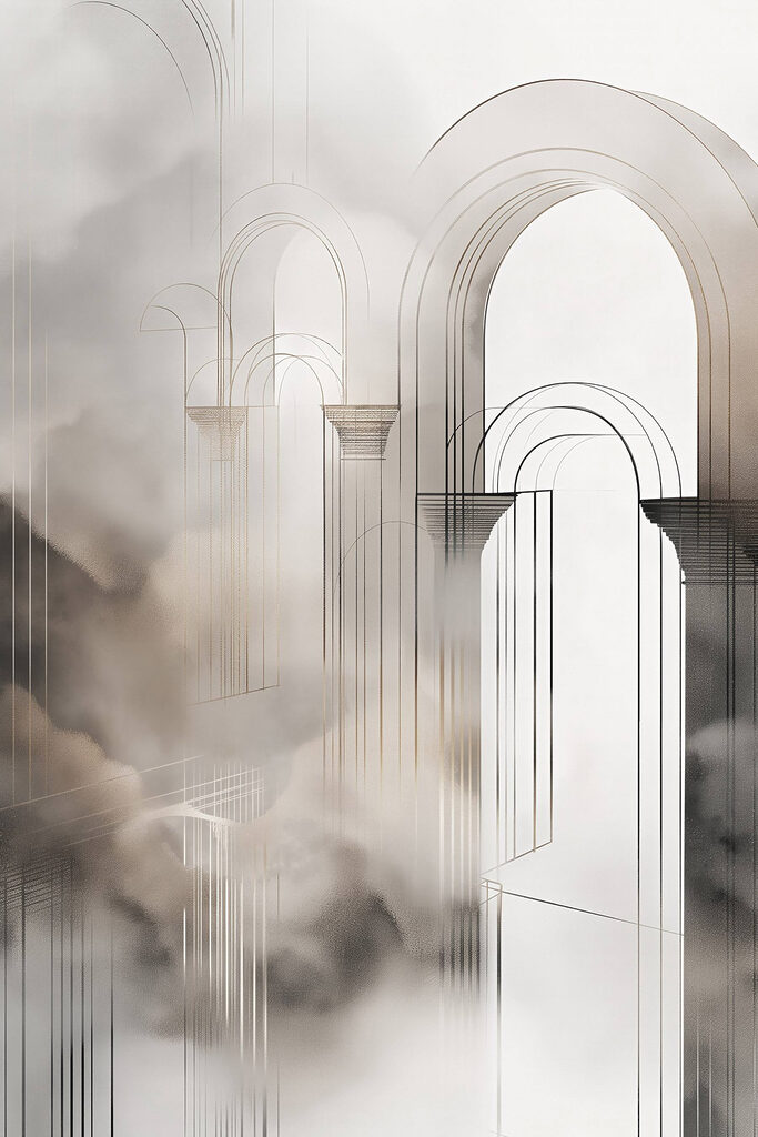 Drawing of a building with arches and clouds