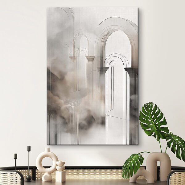 Drawing of a building with arches and clouds
