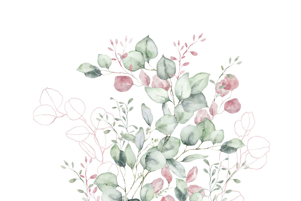Watercolor painting of green and pink leaves Watercolor painting of green and pink leaves