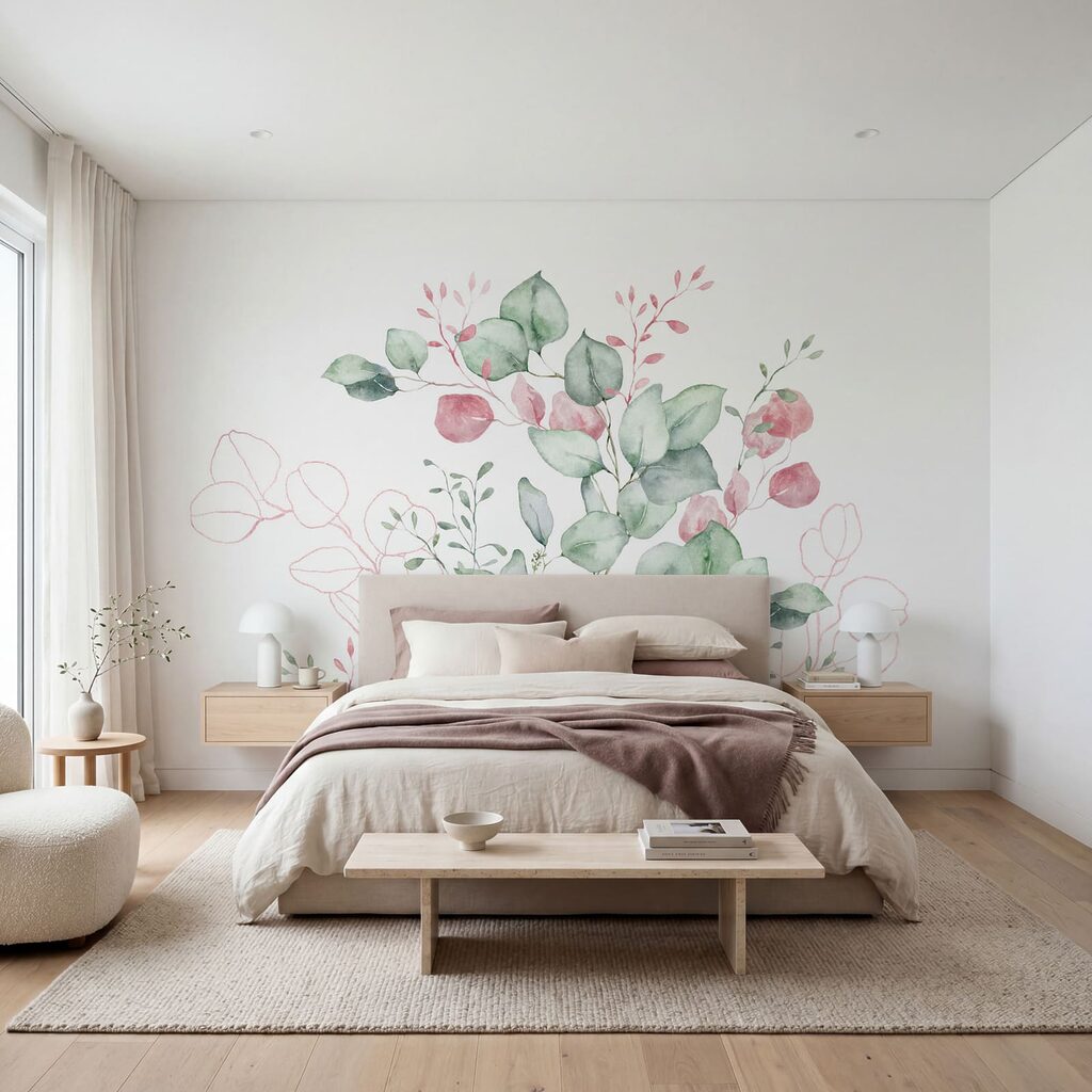 Aquarellbild mit grünen und rosa Blättern Aquarellbild mit grünen und rosa Blättern