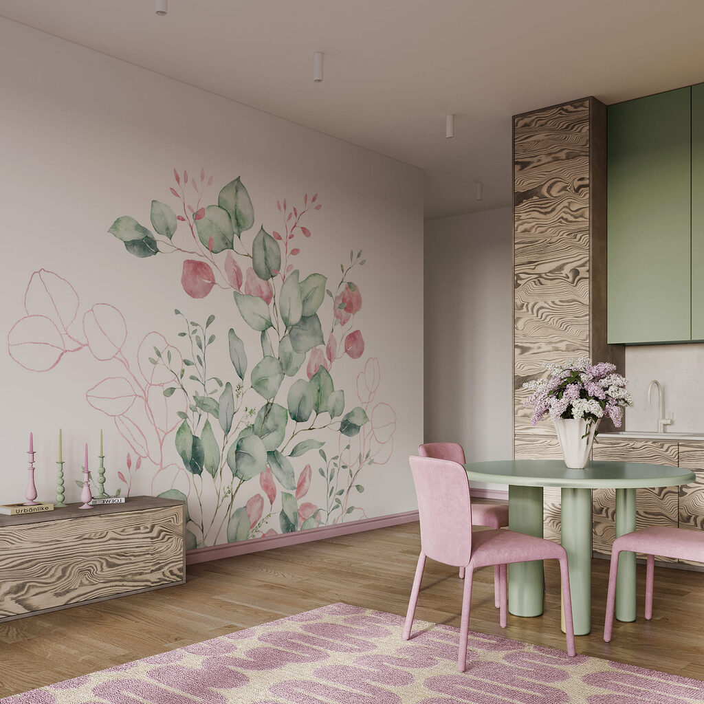 Aquarellbild mit grünen und rosa Blättern Aquarellbild mit grünen und rosa Blättern