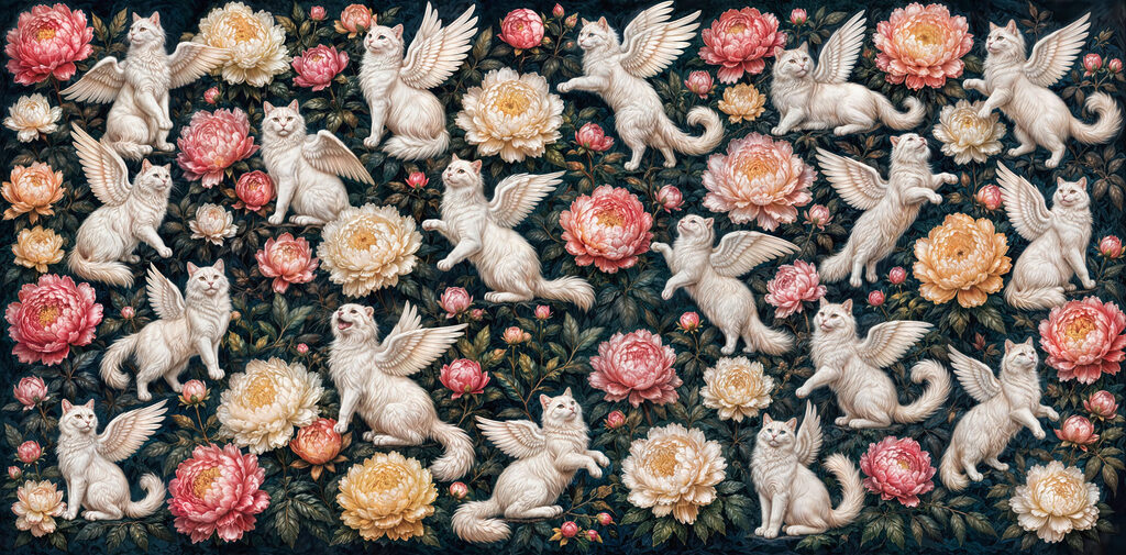 Group of white cats with wings and flowers Group of white cats with wings and flowers