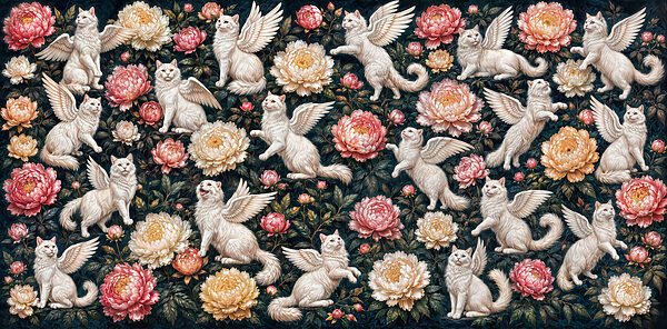 Group of white cats with wings and flowers Group of white cats with wings and flowers