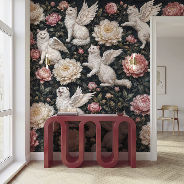 Gruppe weißer Katzen mit Flügeln und Blumen Gruppe weißer Katzen mit Flügeln und Blumen