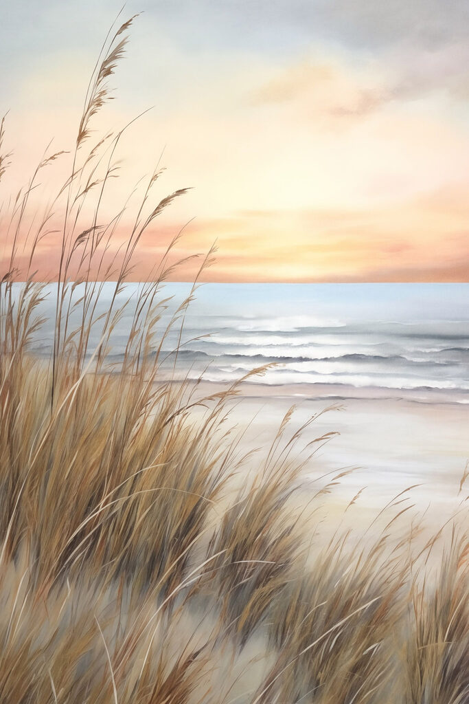 Painting of a beach with tall grass and water