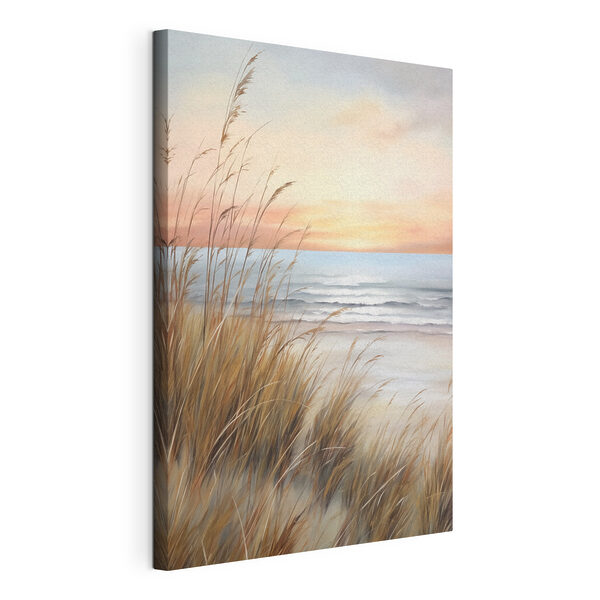 Painting of a beach with tall grass and water